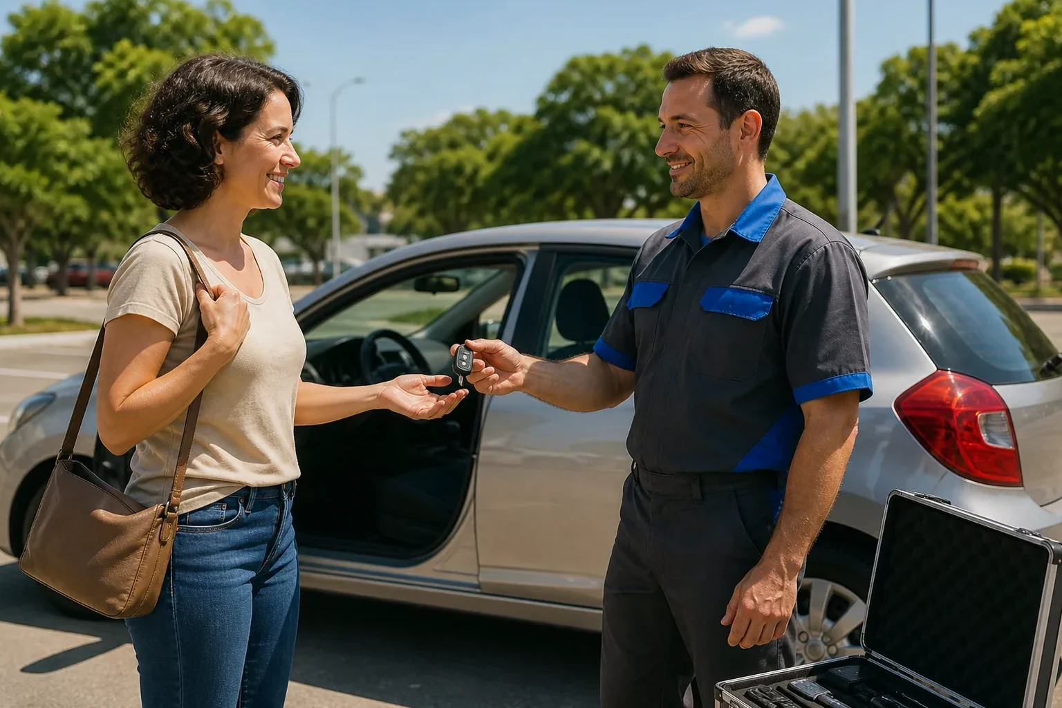 Chaveiro abrindo um carro em Palmas com ferramentas apropriadas.