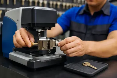 Chaveiro operando uma máquina de cópia de chaves em Palmas.
