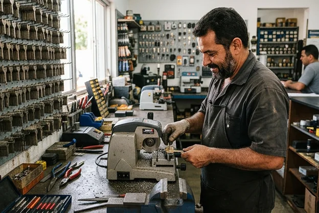 Chaveiro realizando a cópia de uma chave em Palmas.
